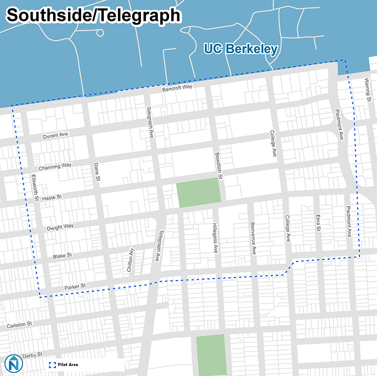 Map shows Southside/Telegraph project area which boarders Bancroft Way on the north side, Piedmont Avenue on the East side, Parker Street on the South side, and Ellsworth Street on the West side. Streets within the project area include Channing Way, Durwant Avenue, Haste Street, Dwight Way, Blake Street, Parker Street, College Avenue, Bienvenue Avenue. Hillegass Avenue, Telegraph Avenue, and Dana Street. 